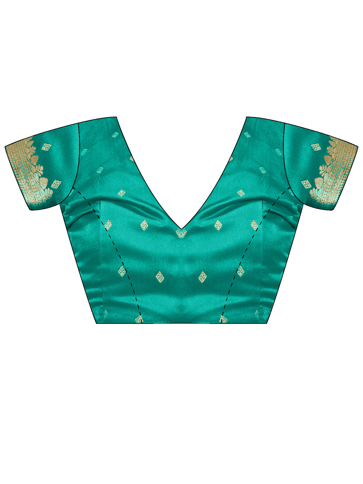 Unstitched teal green satin blouse piece with zari butta design
