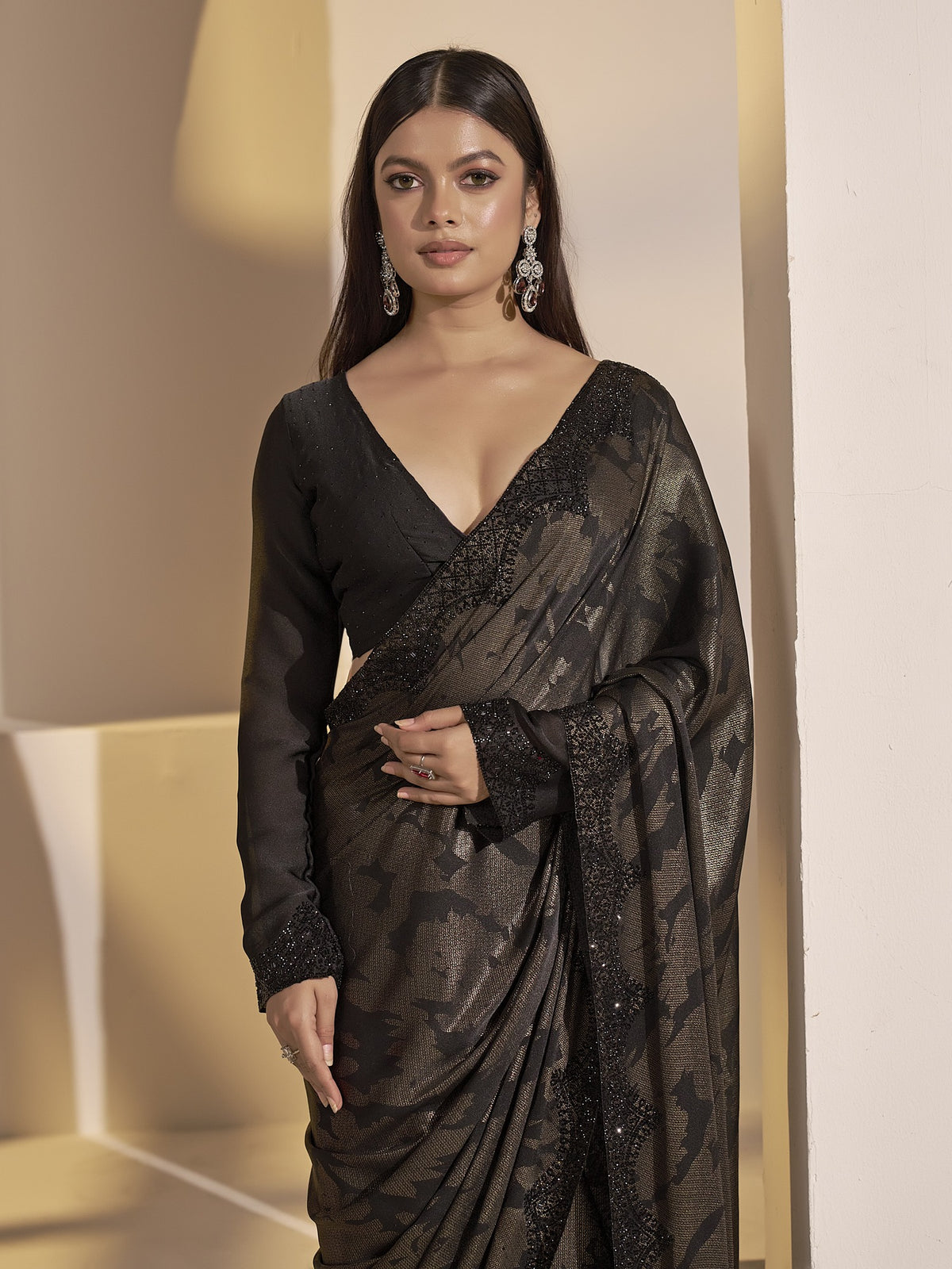 Black satin silk saree view 5