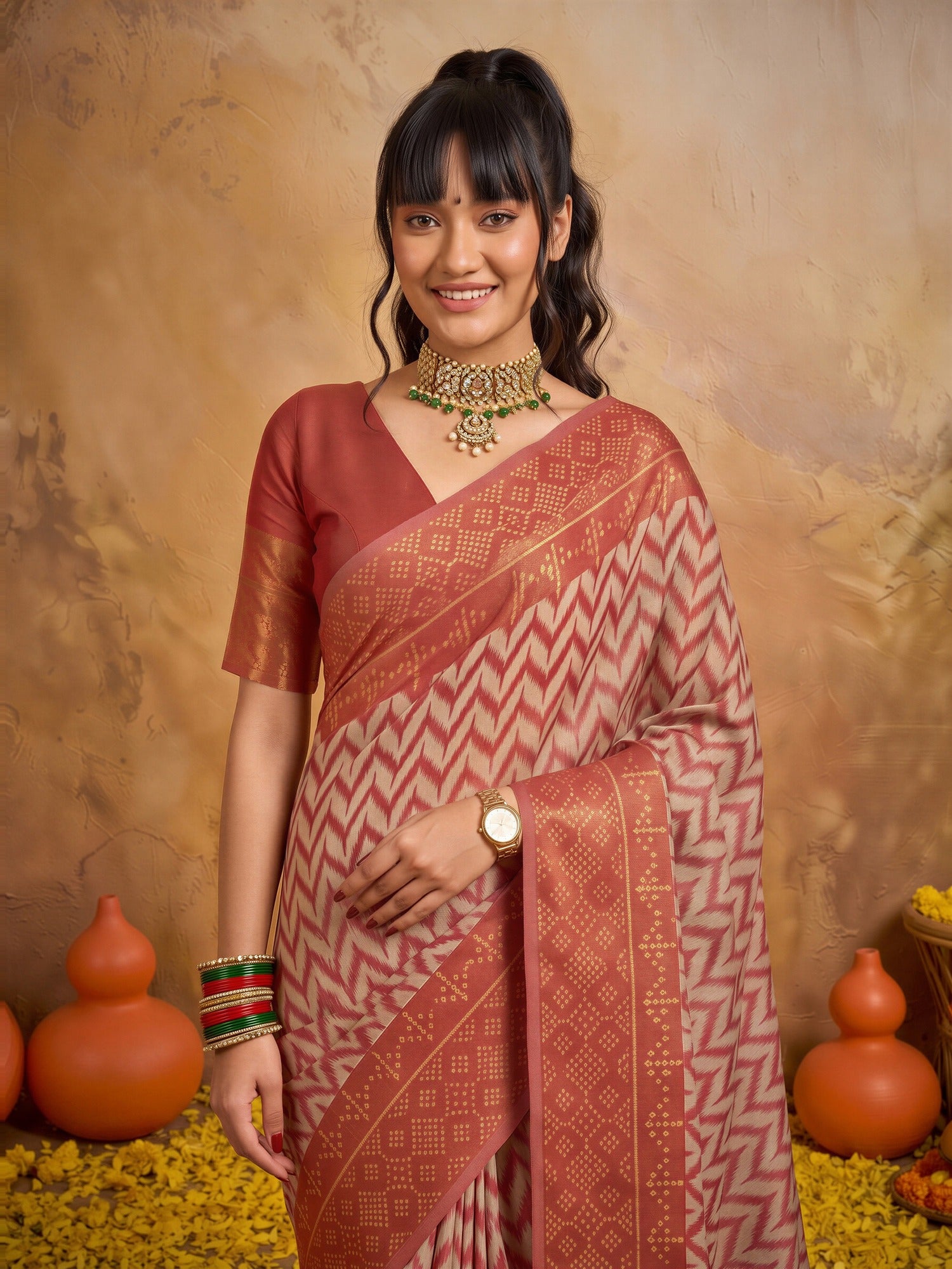 Orange Viscose saree – detail view 4
