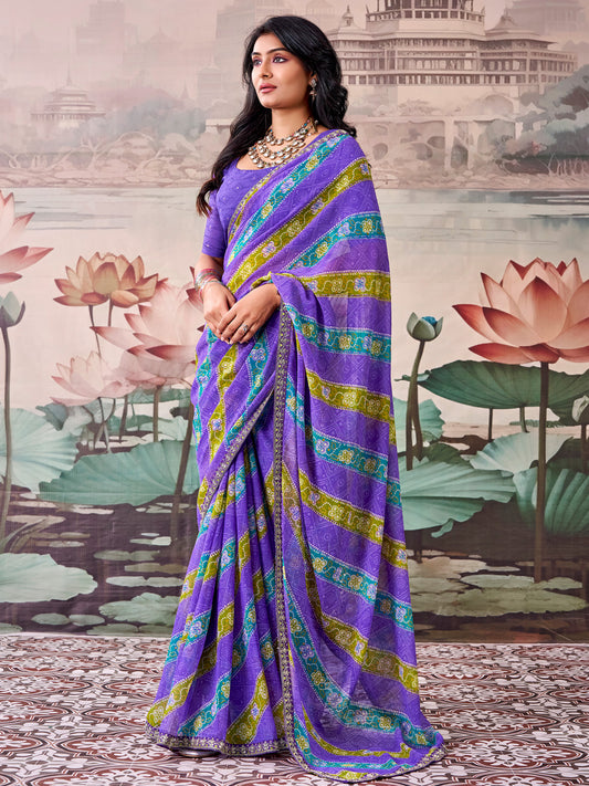 Woman wearing violet georgette saree with bandhani tie-dye dot work and violet blouse