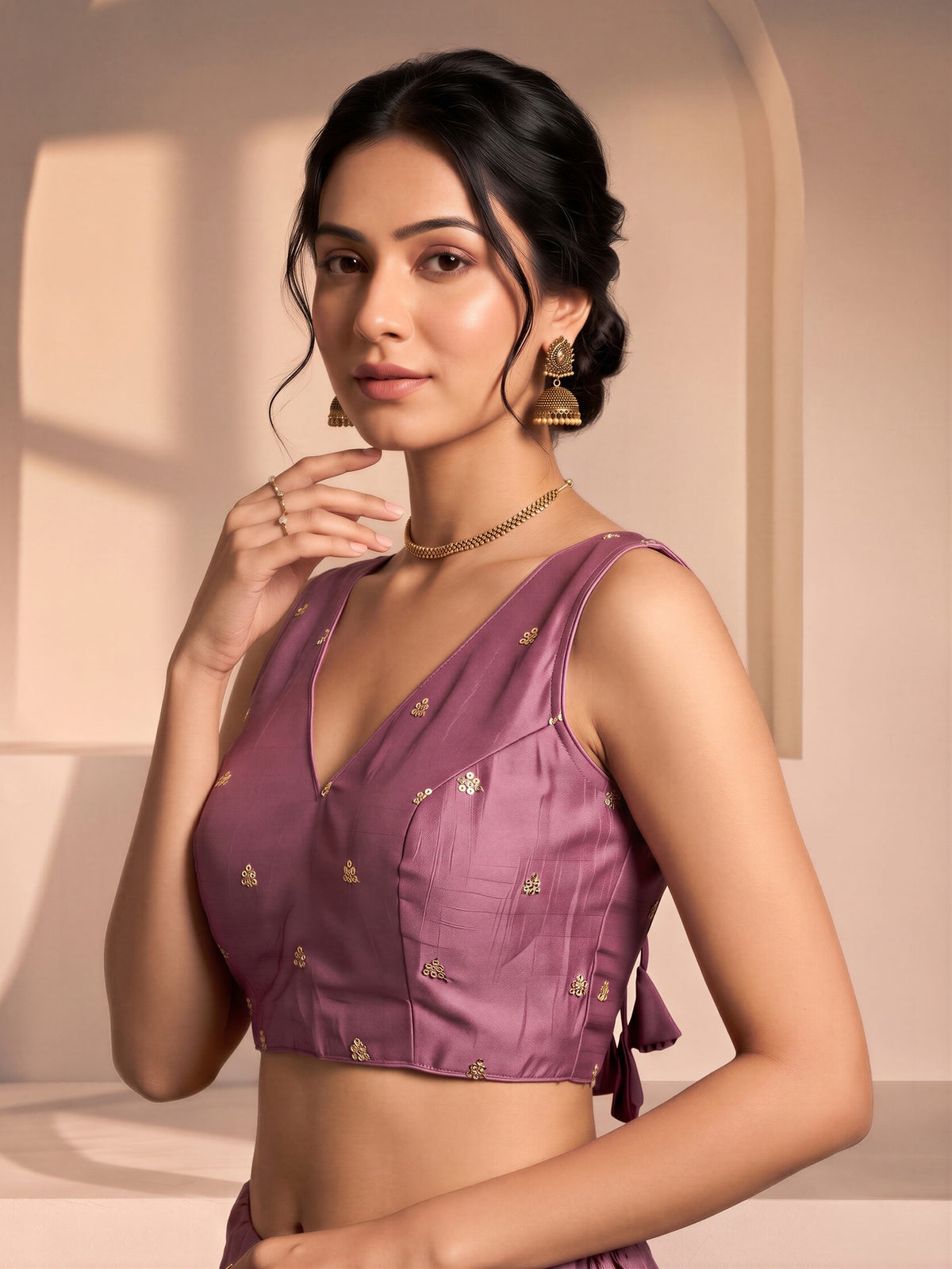 Lavender sequin embellished vichitra silk sleeveless readymade saree blouse with v neck view 3