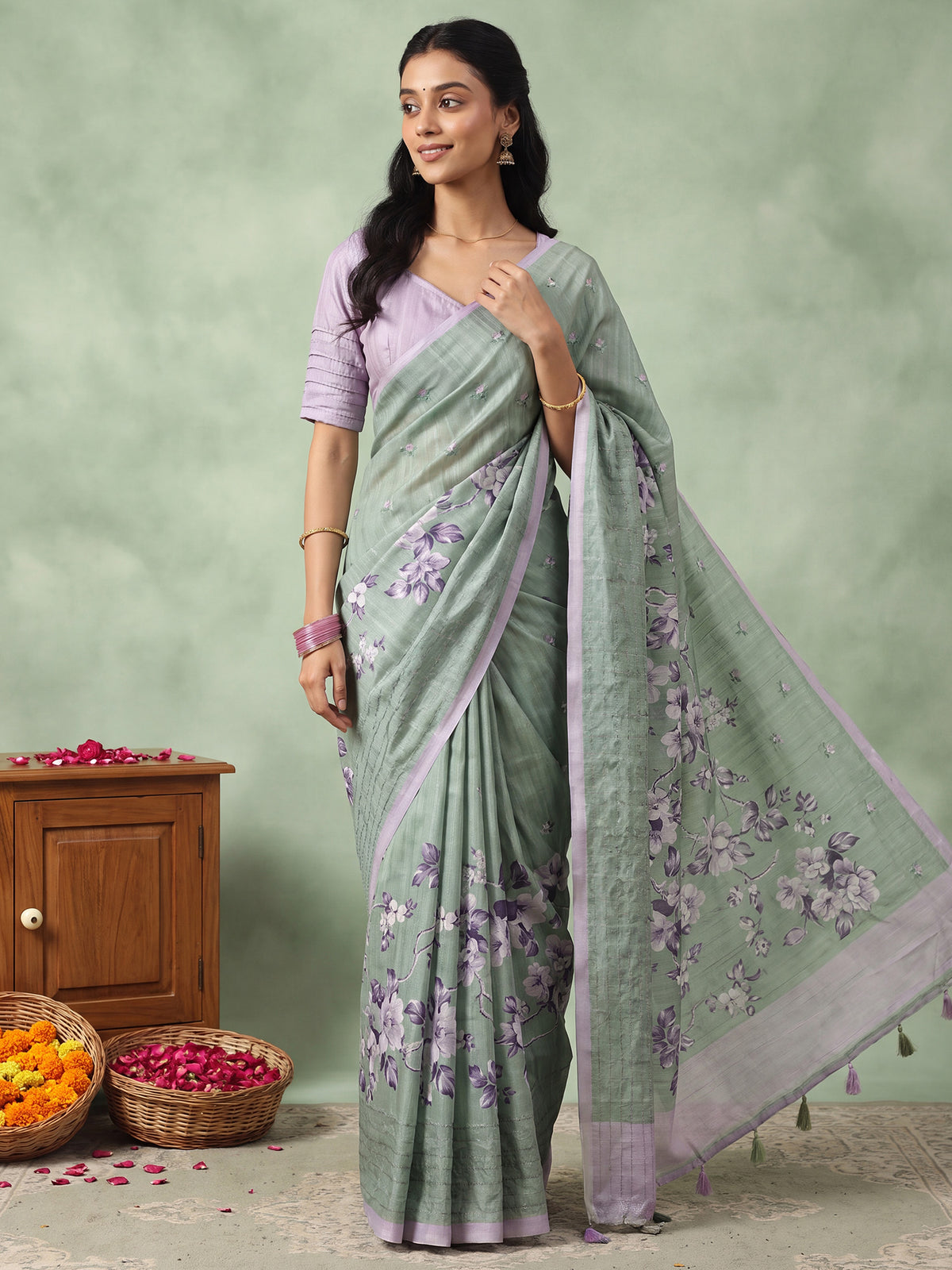 Teal Green Silk Blend saree – detail view 3
