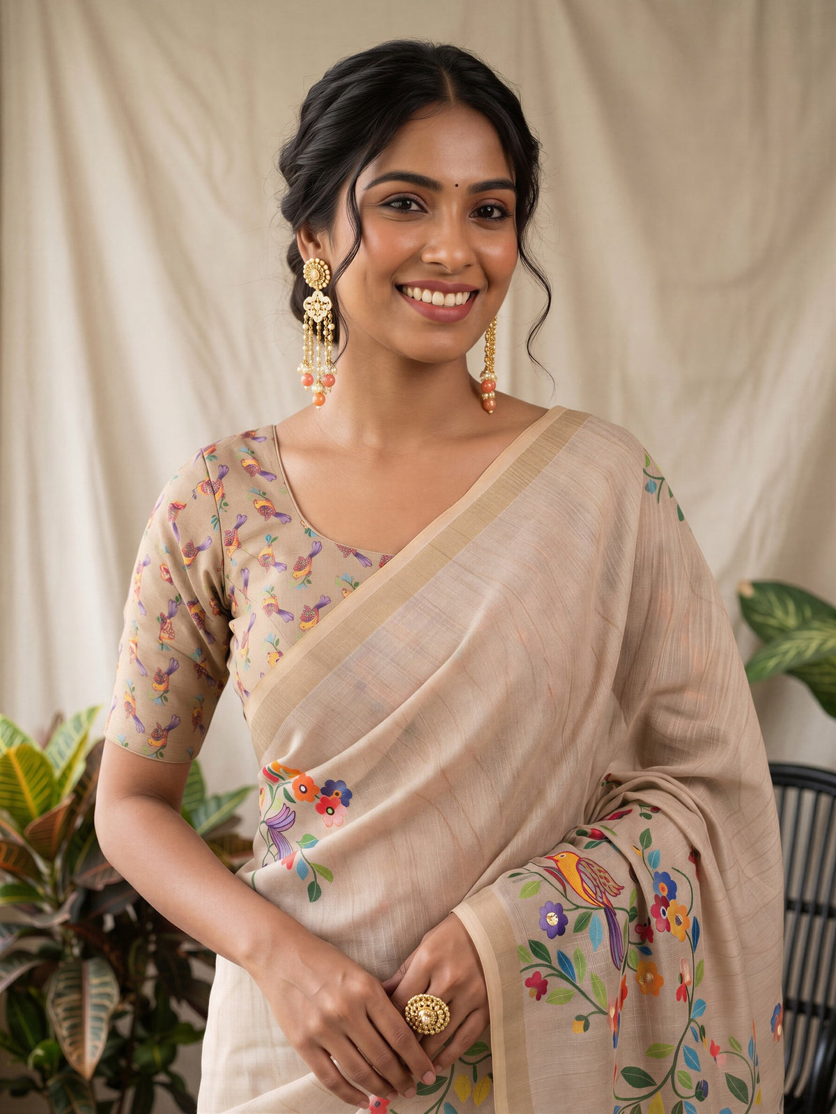 Taupe Linen Blend saree – detail view 4