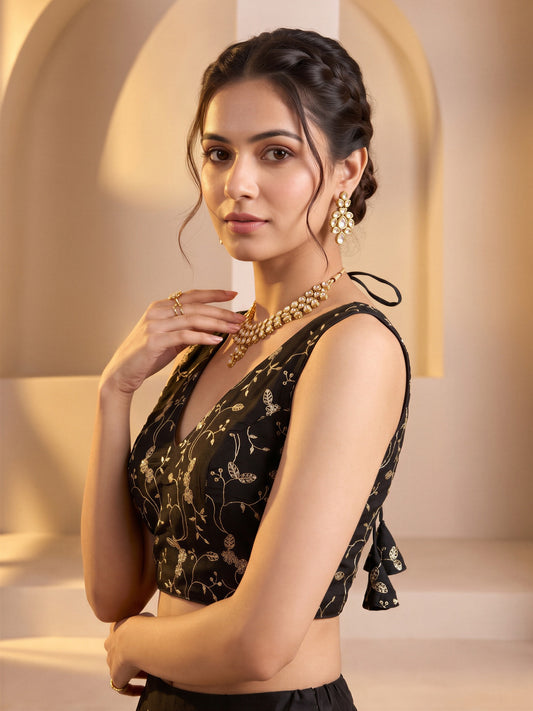 Black sequin embroidered vichitra silk sleeveless readymade saree blouse with v neck