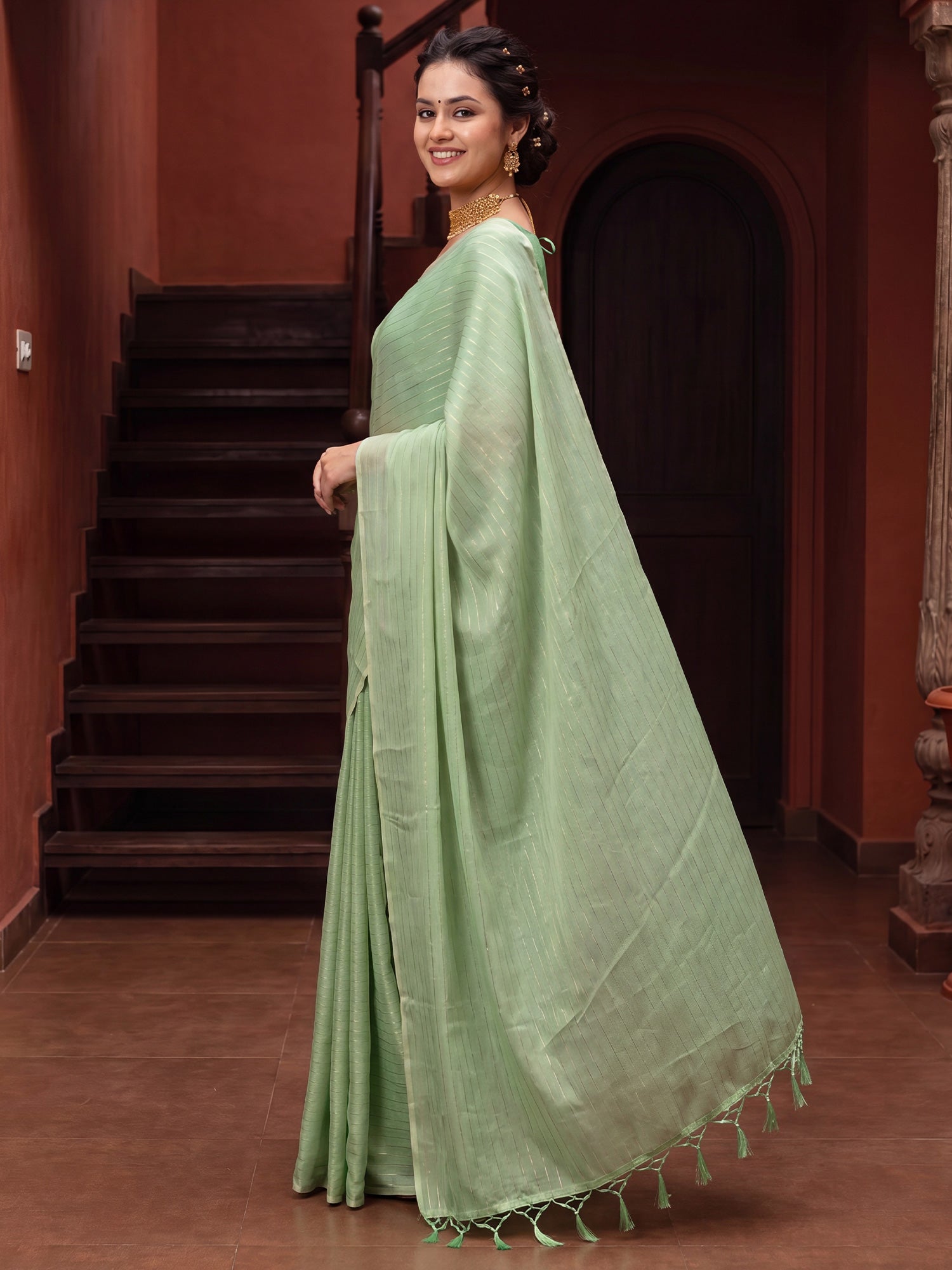 Light Green Poly Georgette saree – detail view 1