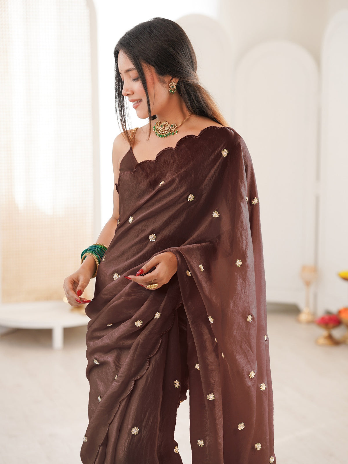 Brown satin saree view 2