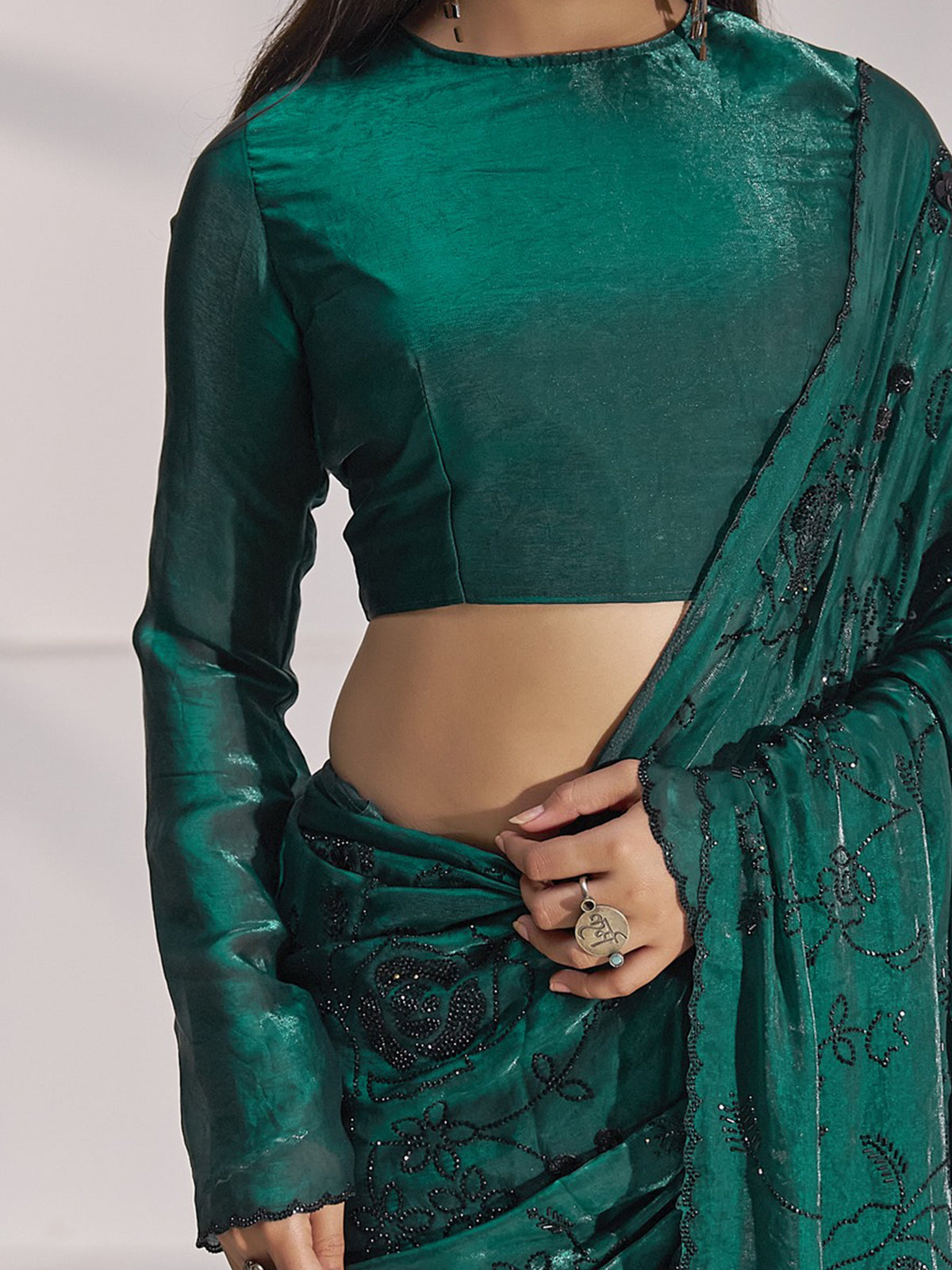 Unstitched teal green satin silk blouse piece with embellished design