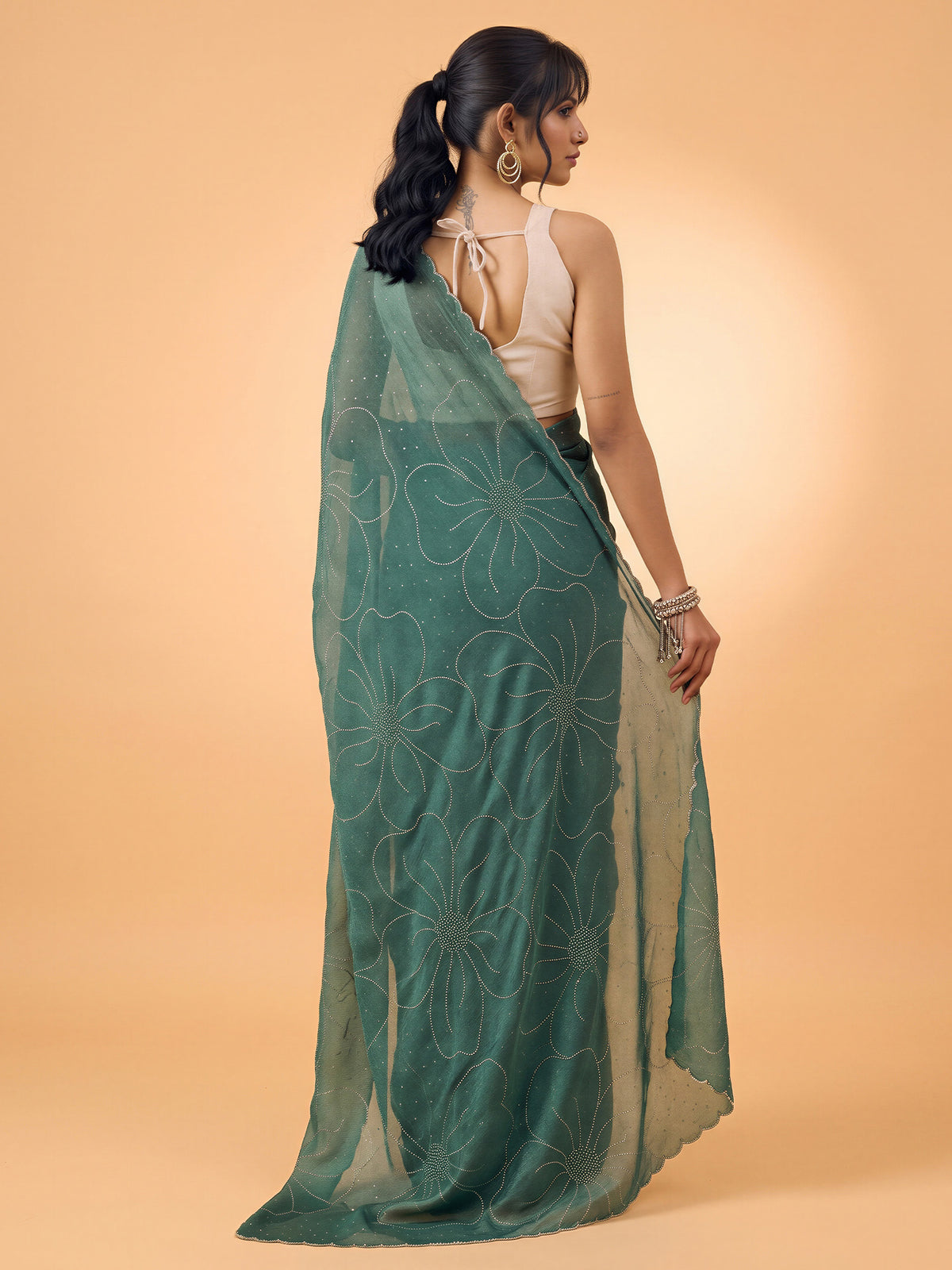 Teal Green Satin Silk saree – detail view 1