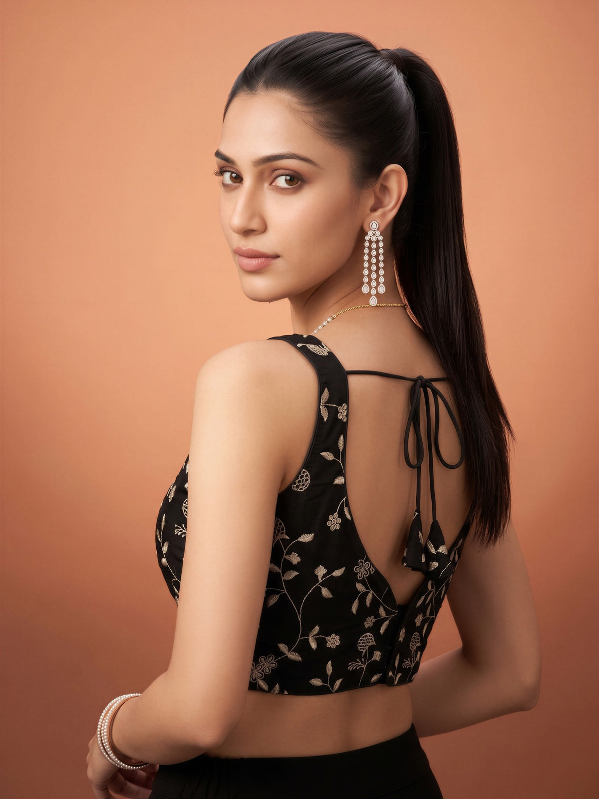Black sequin embellished silk blend sleeveless readymade saree blouse with v neck view 1