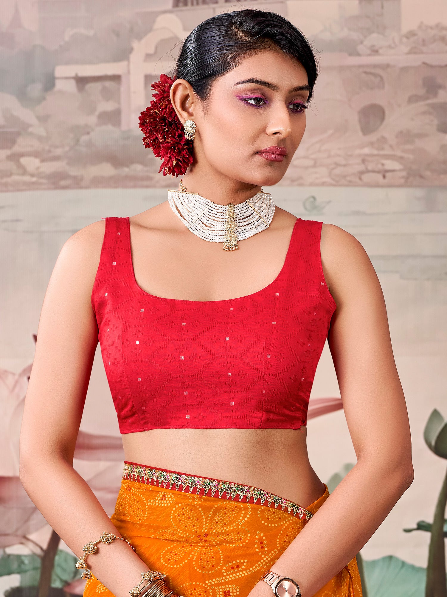 Unstitched red georgette blouse piece with zari butta design