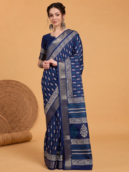 Woman wearing navy blue silk blend saree with traditional indian motif work and navy blue blouse