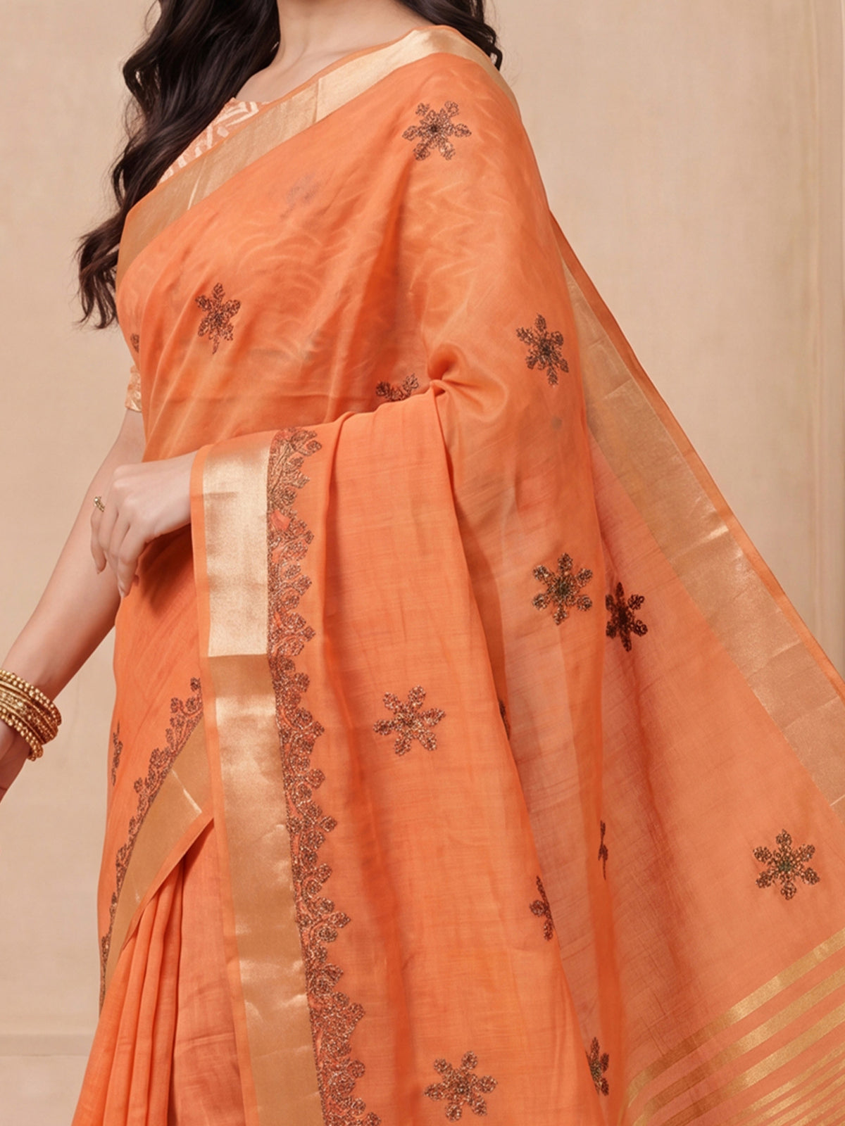 Orange Cotton Linen saree – detail view 4