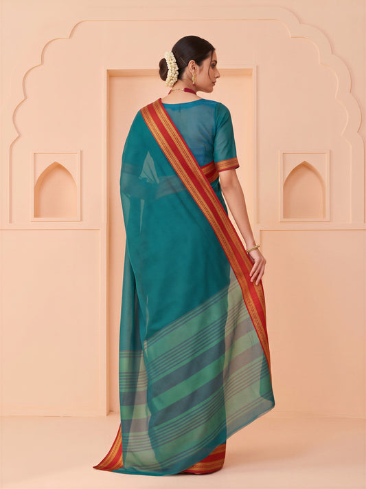 Teal Blue cotton blend saree view 1