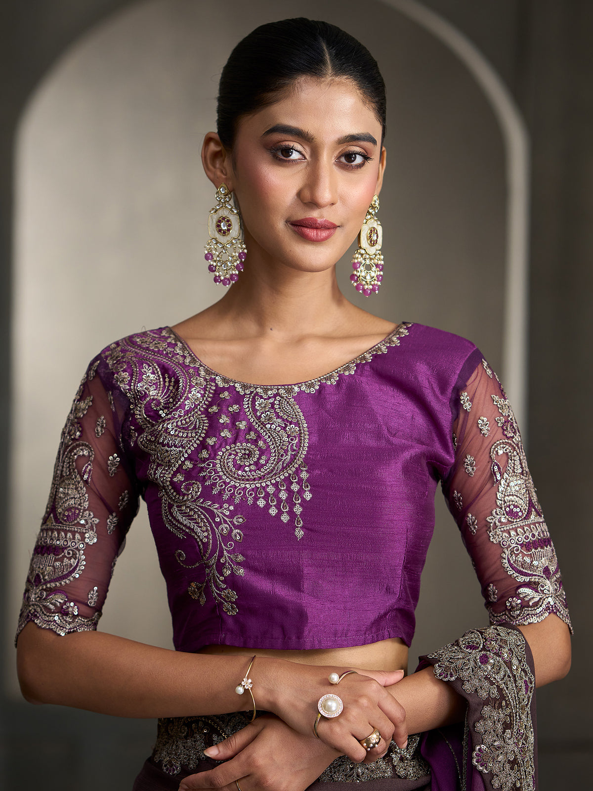 Unstitched purple banglori silk blouse piece with embellished design
