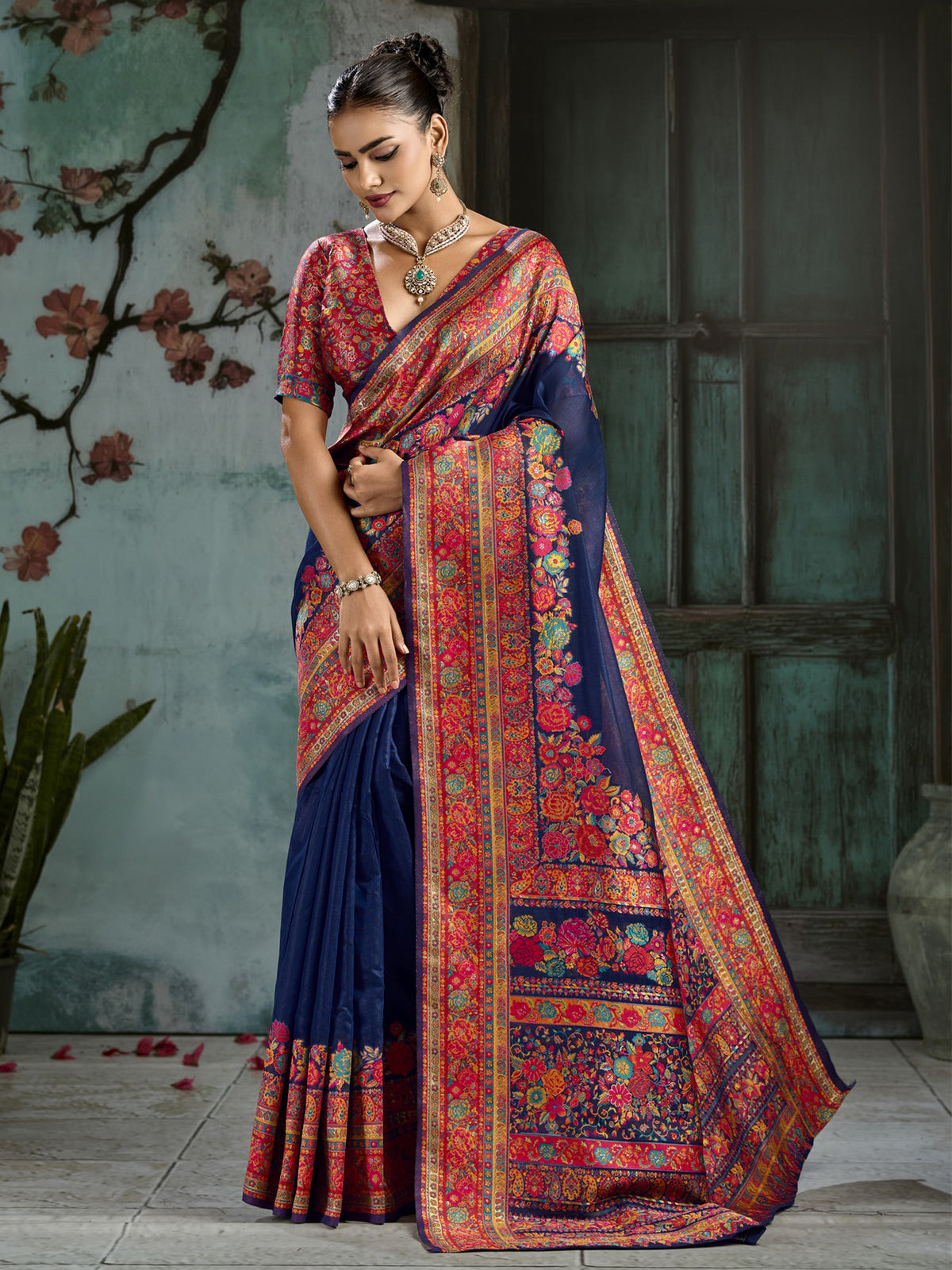 Navy Blue kalamkari cotton saree with pink blouse piece
