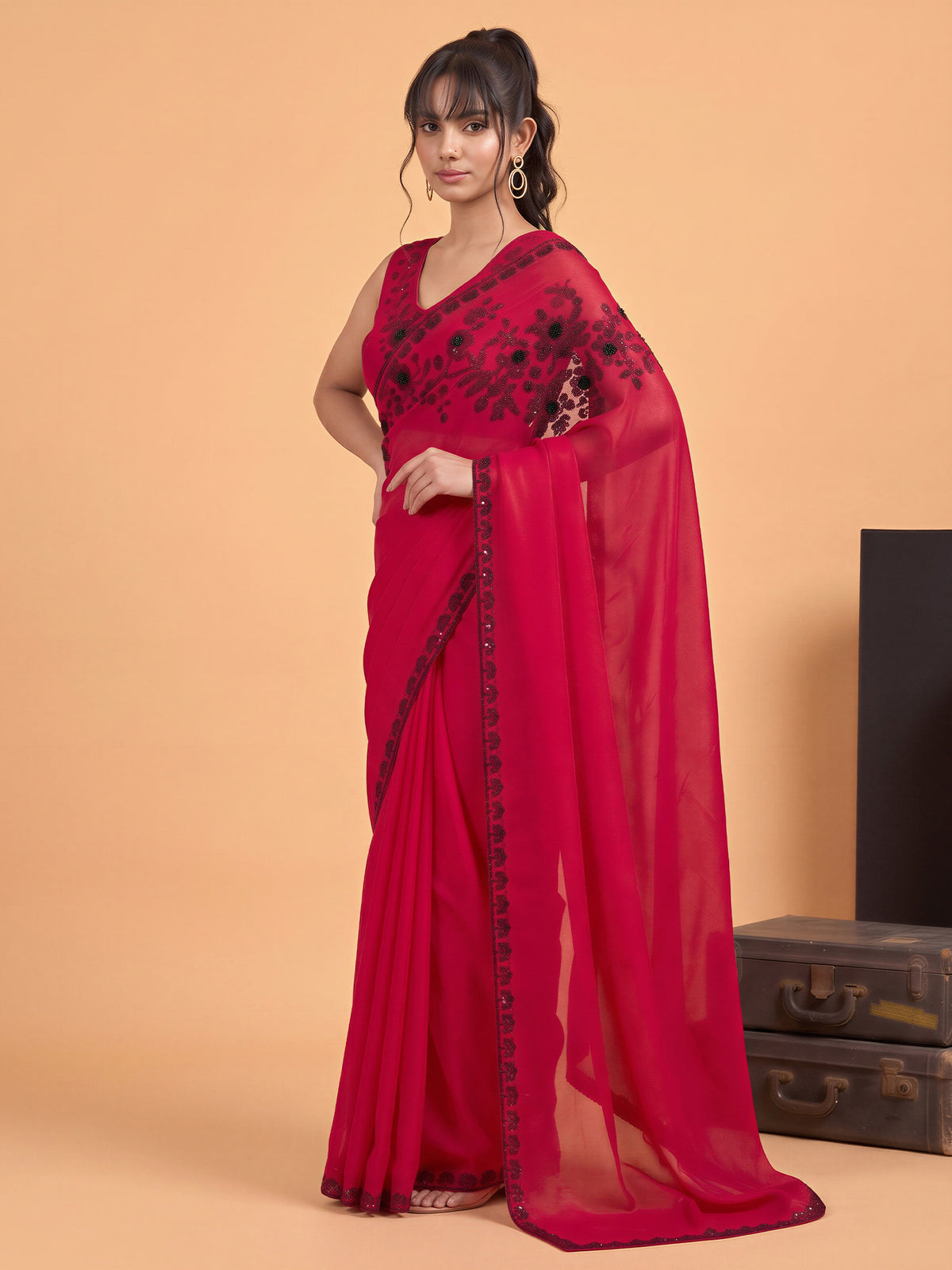 Pink Satin Silk saree – detail view 2