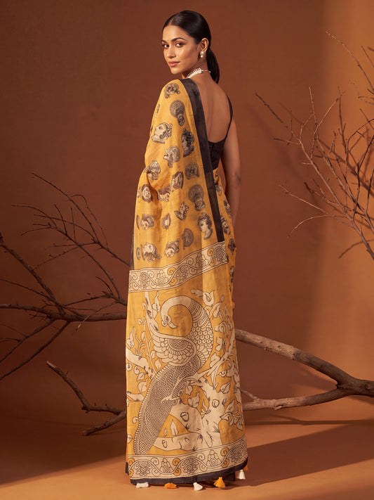 Mustard Cotton Linen saree – detail view 1