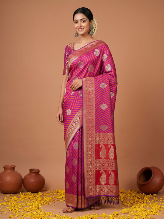 Woman wearing purple silk blend saree with geometric pattern design and purple blouse