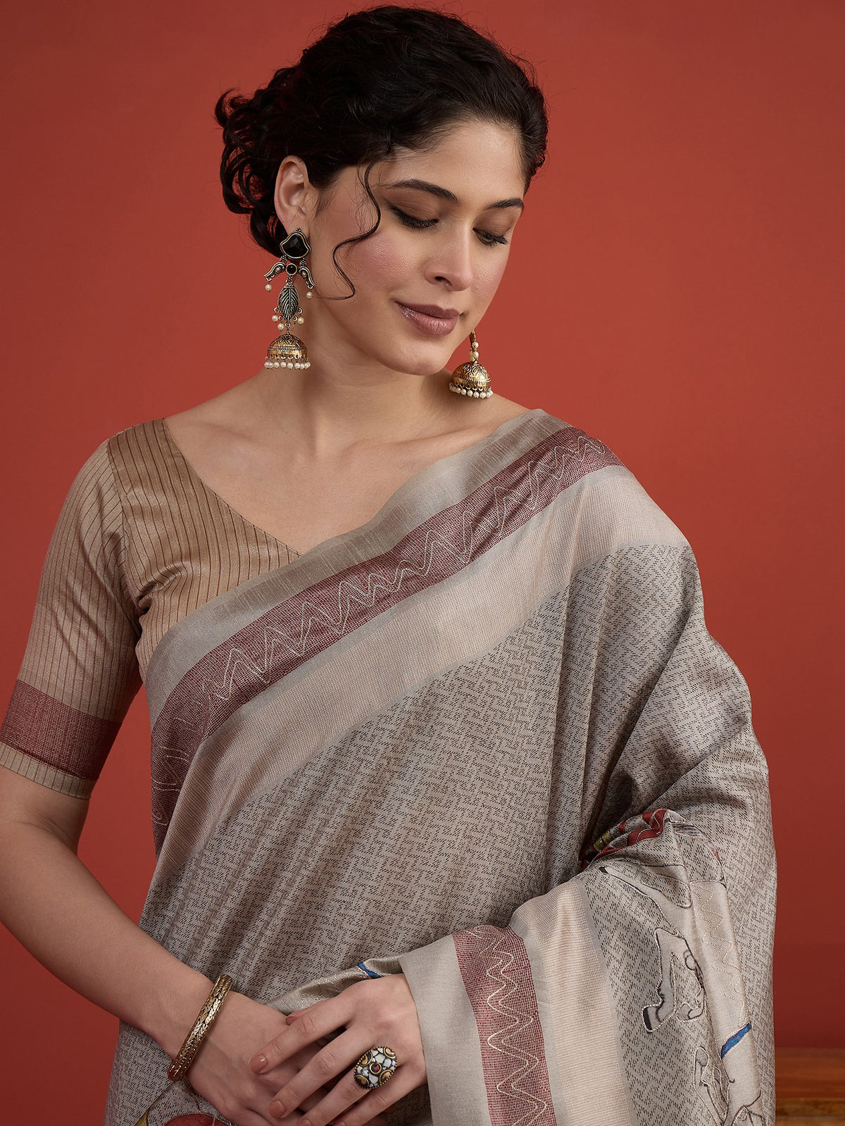 Beige art silk saree view 3