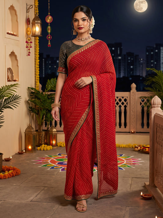 Woman wearing red georgette saree with striped pattern design and green blouse