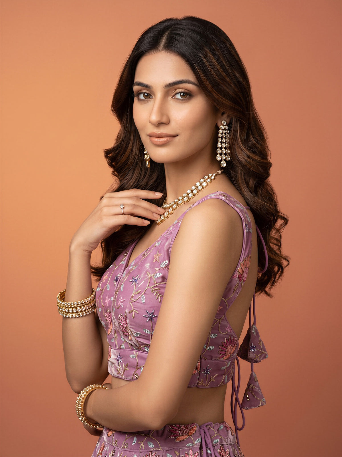 Lavender sequin embellished satin sleeveless readymade saree blouse with deep v neck view 3