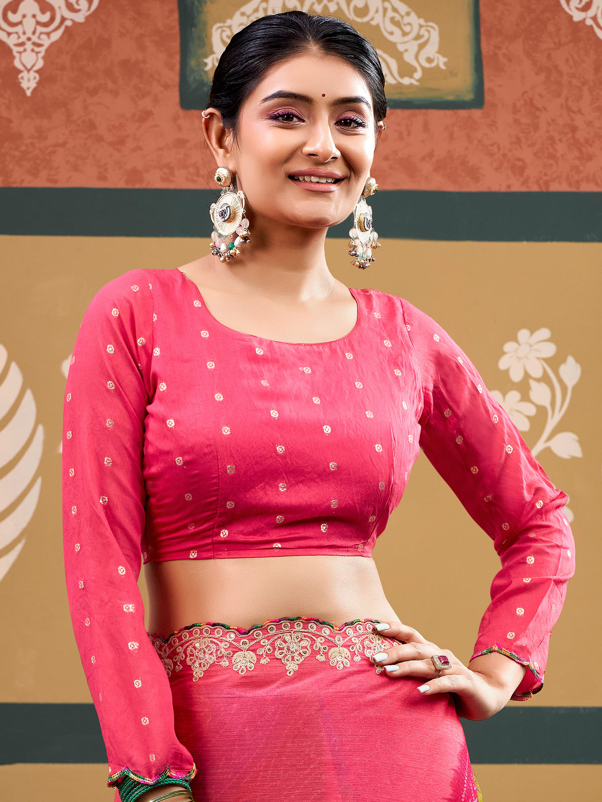 Unstitched pink chiffon blouse piece with zari butta design