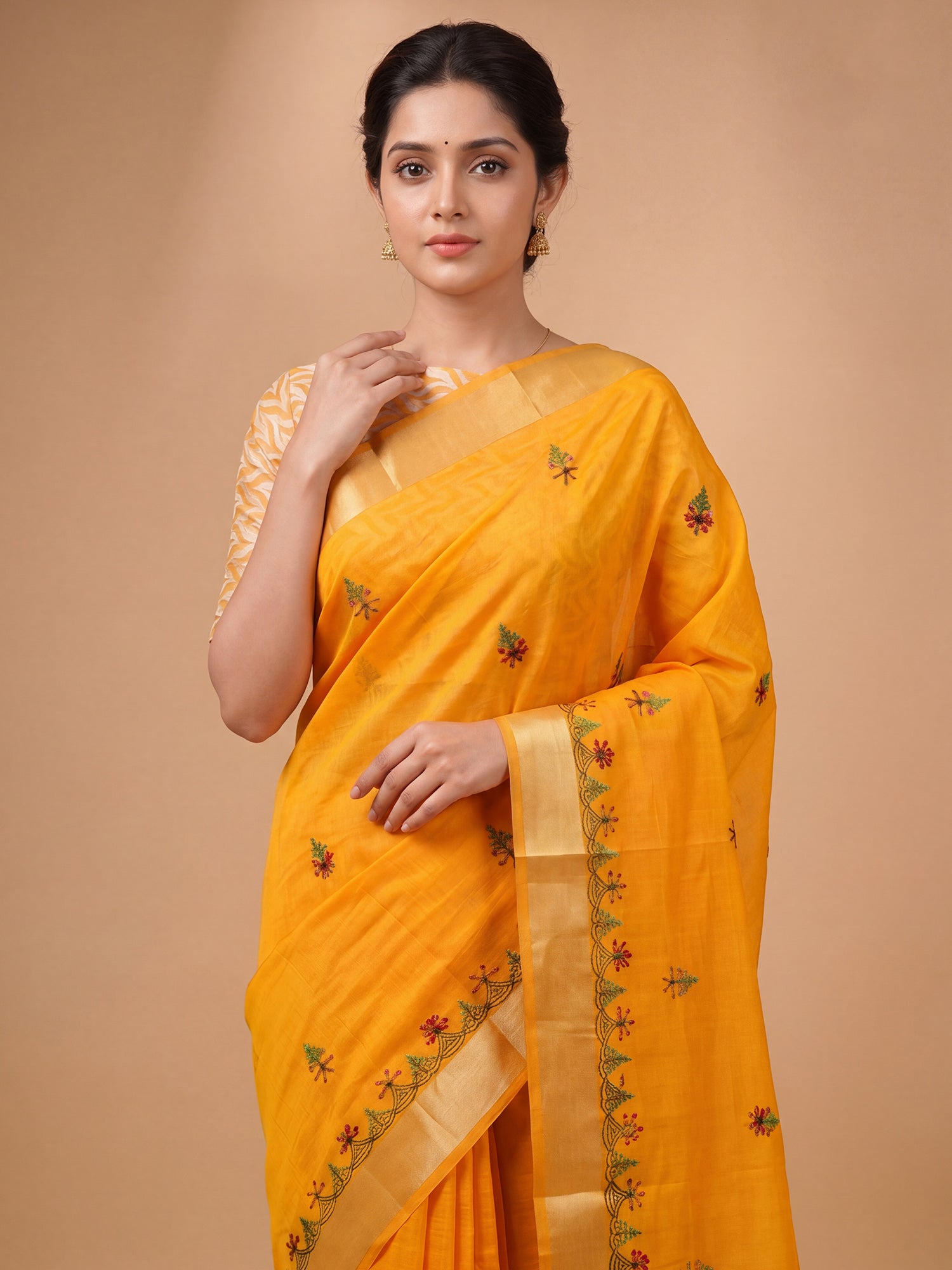Mustard Cotton Linen saree – detail view 4