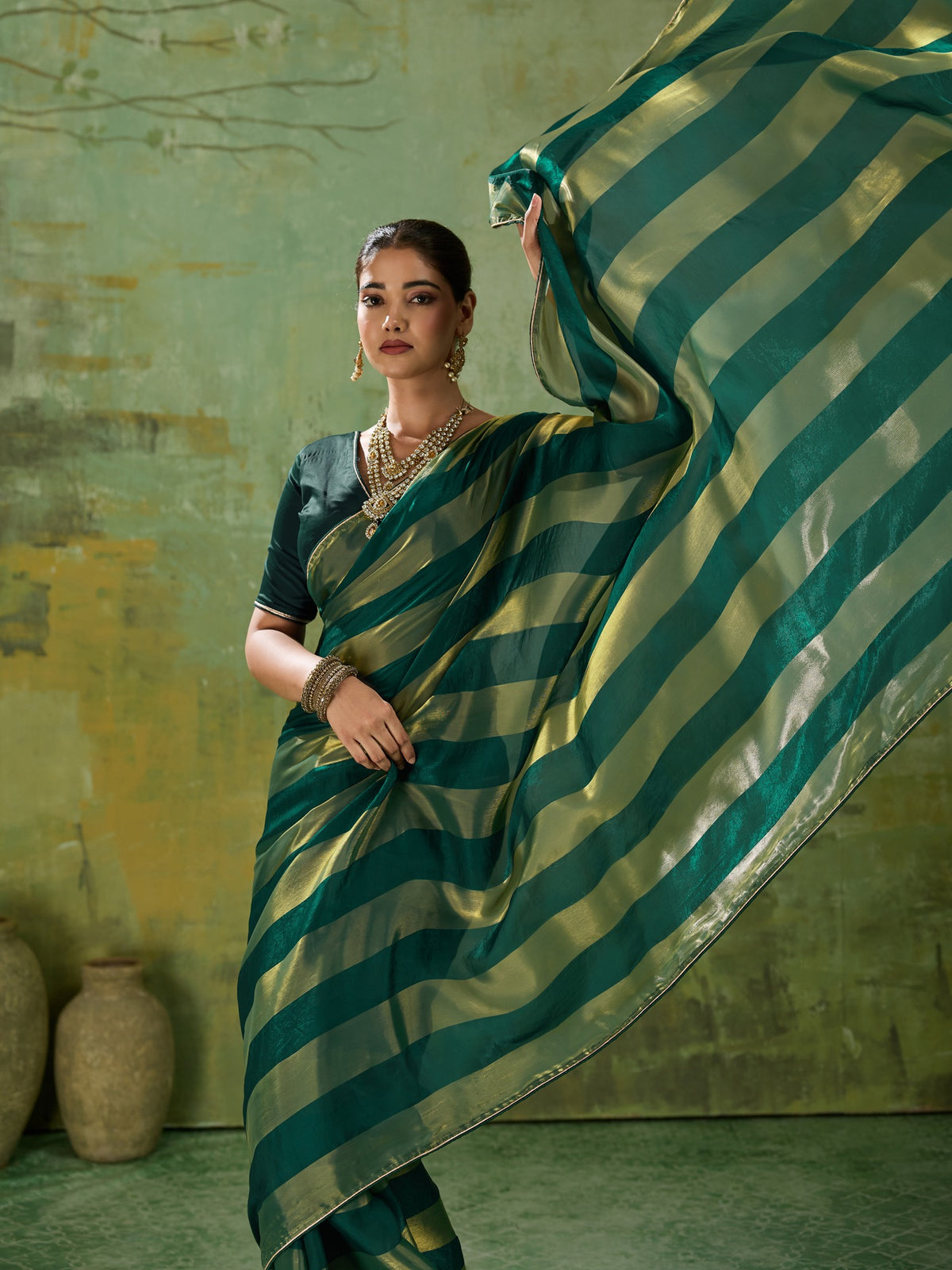 Teal Green Satin Silk saree – detail view 3