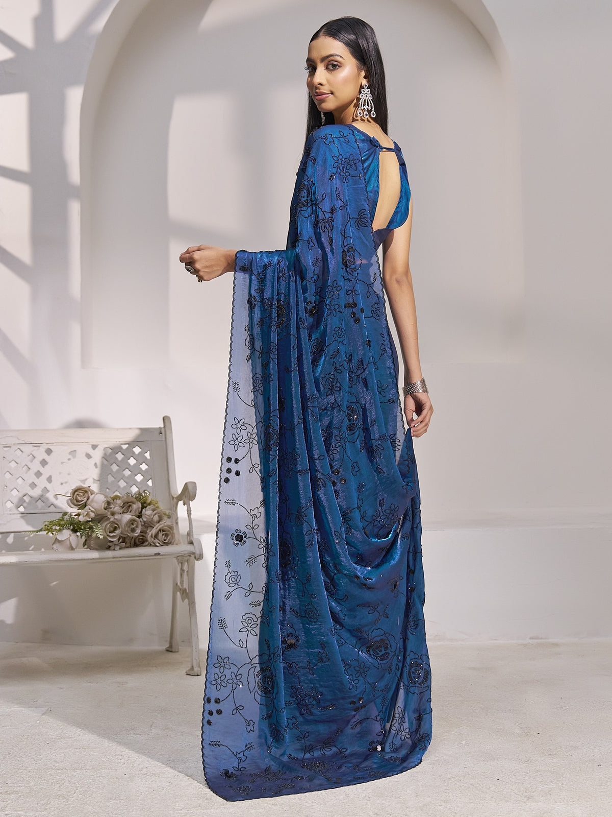 Teal Blue satin silk saree view 2