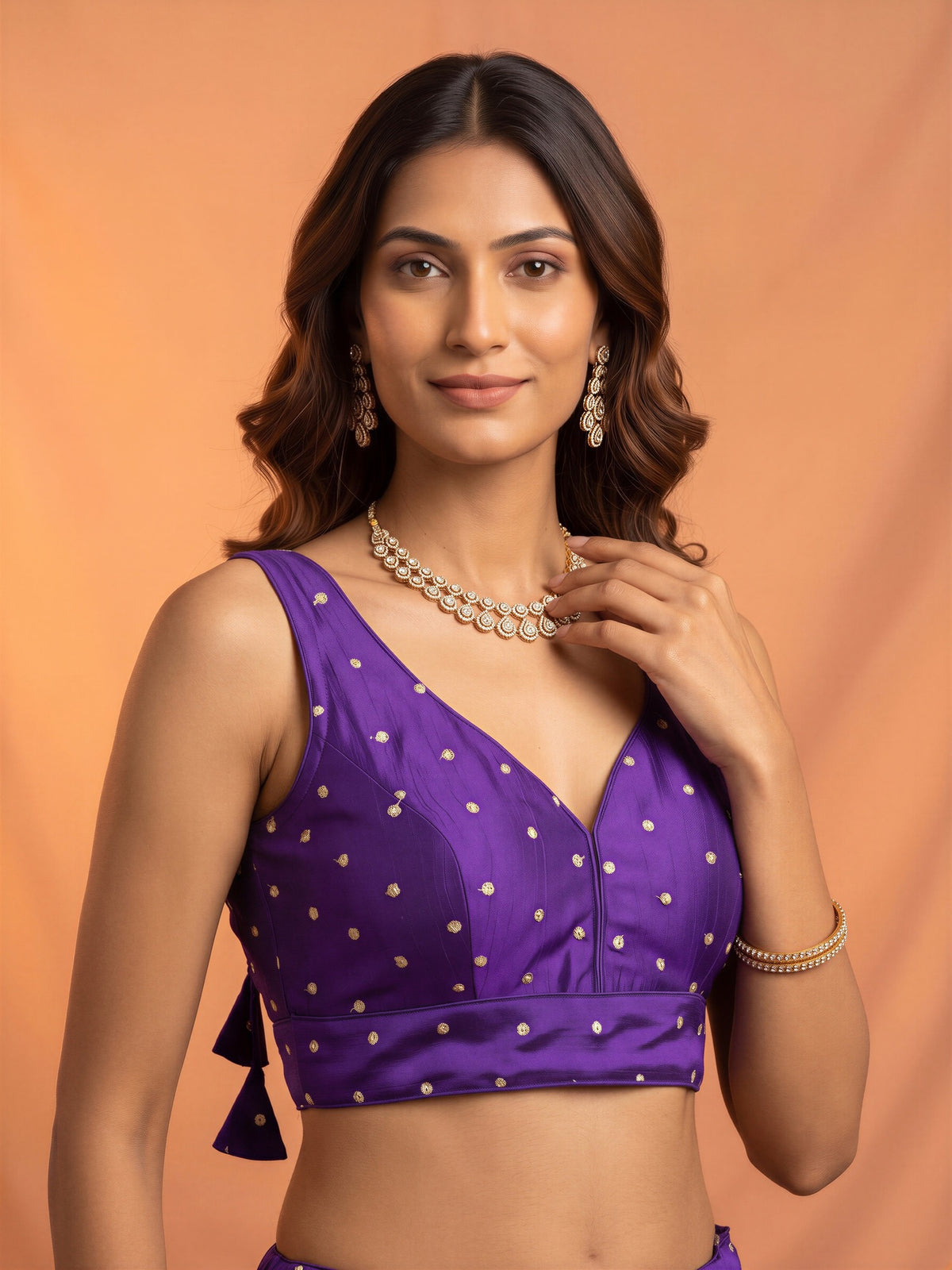 Purple sequin embellished silk blend sleeveless readymade saree blouse with v neck view 3