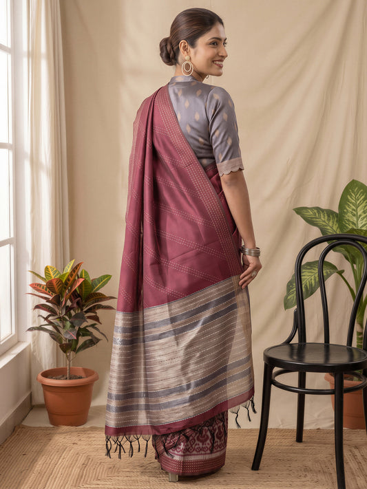 Burgundy Silk Cotton saree – detail view 1