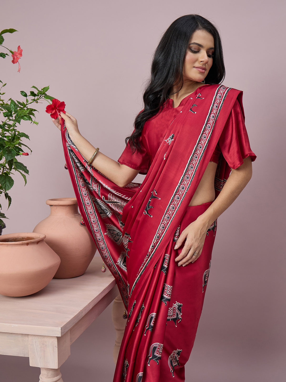 Red satin saree view 6