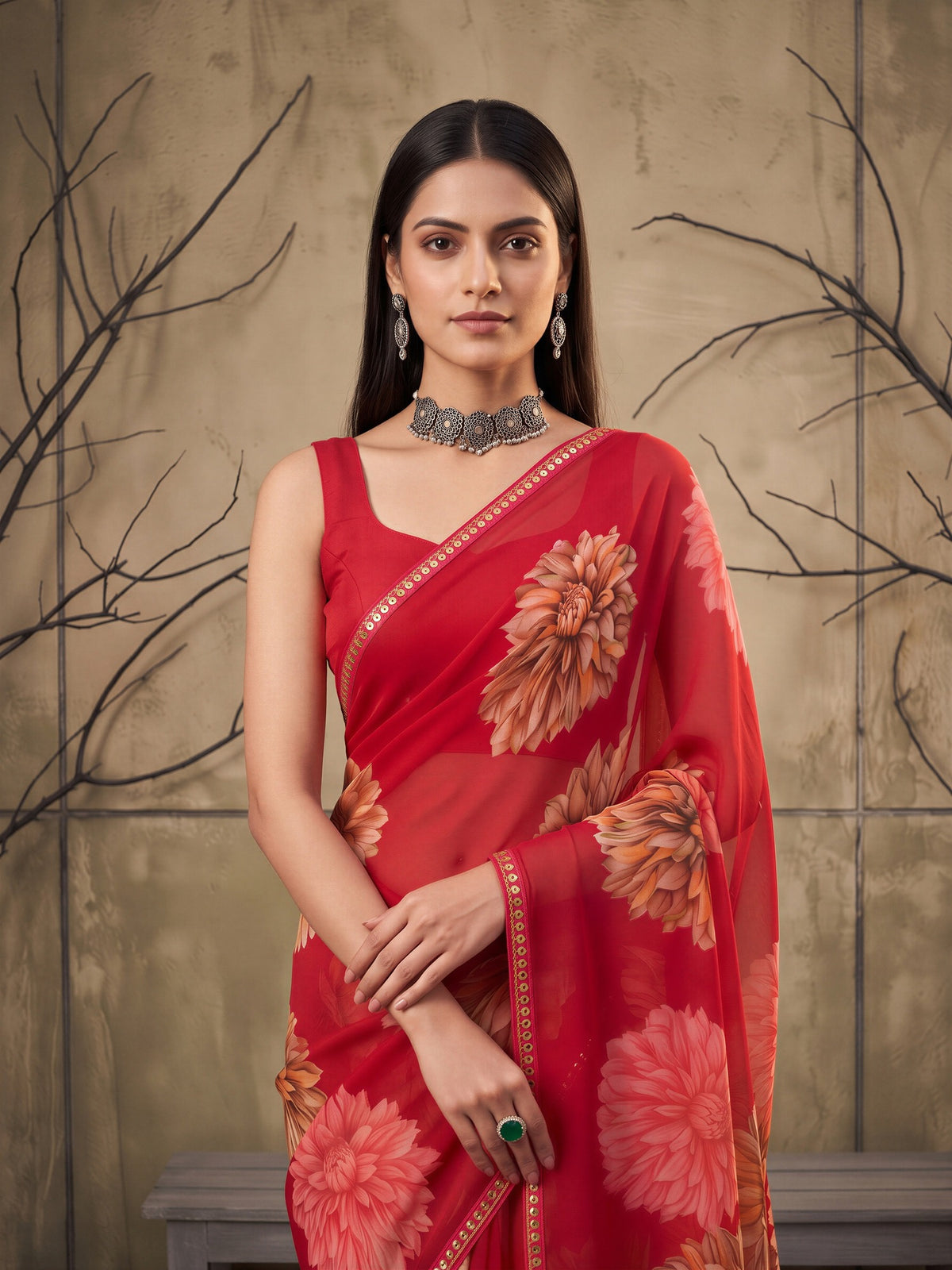 Pink Georgette saree – detail view 4
