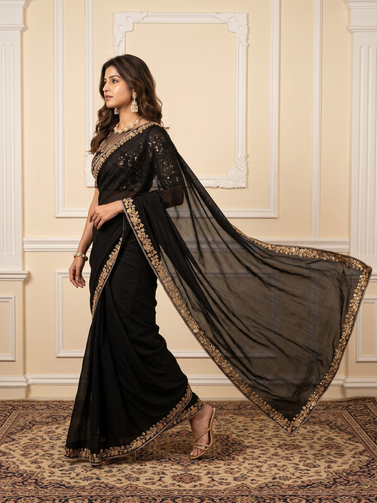 Black Vichitra Silk saree – detail view 3