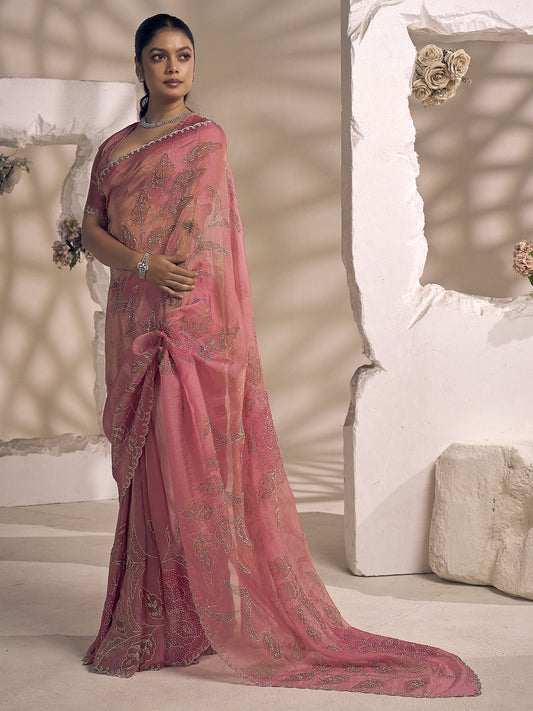 Pink organza saree view 1