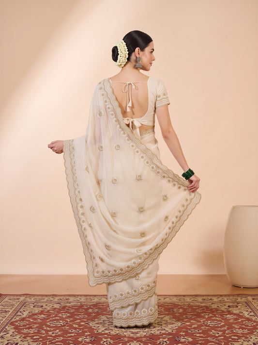 Off White Georgette saree – detail view 1