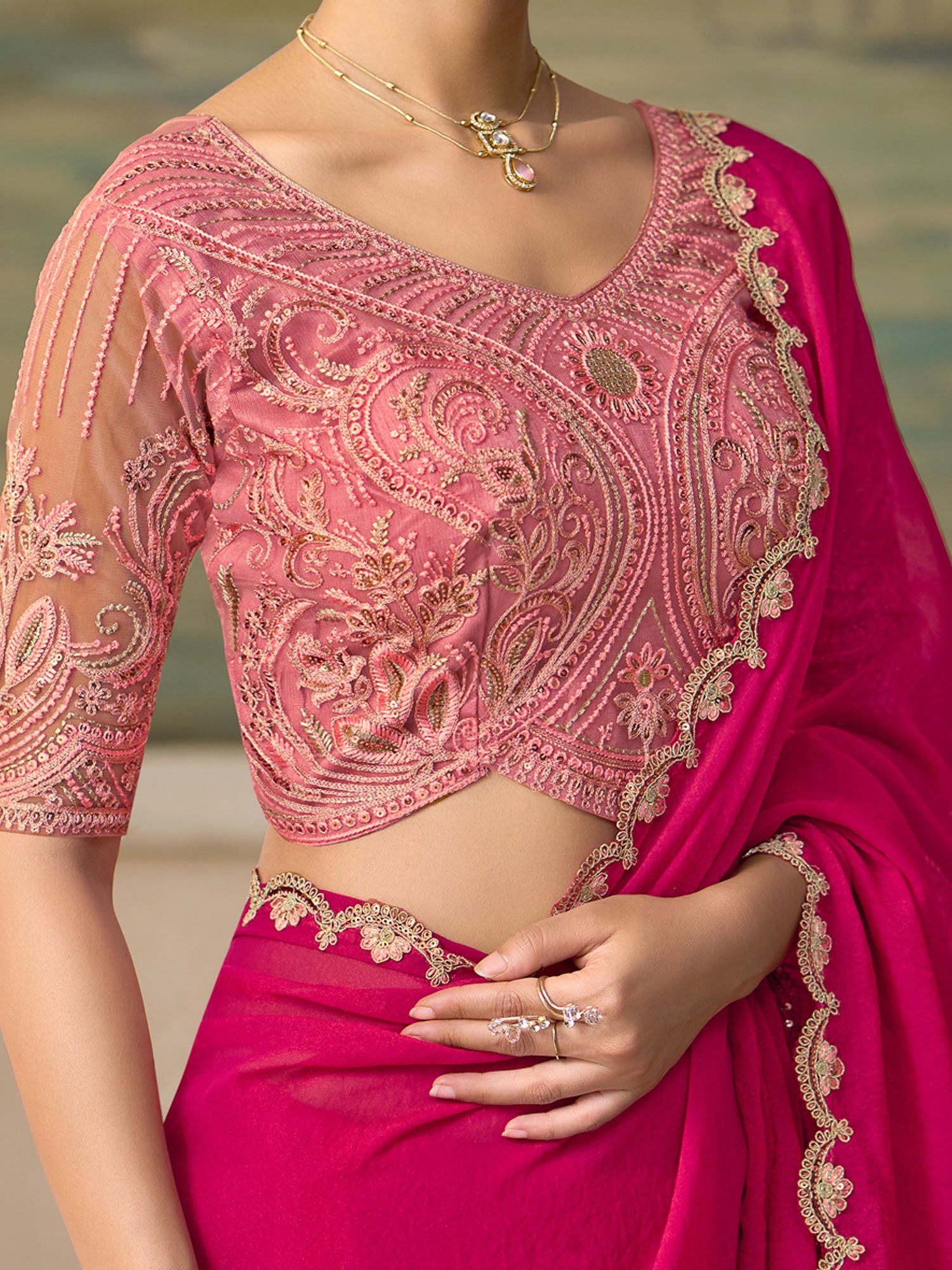 Pink Georgette saree – detail view 3