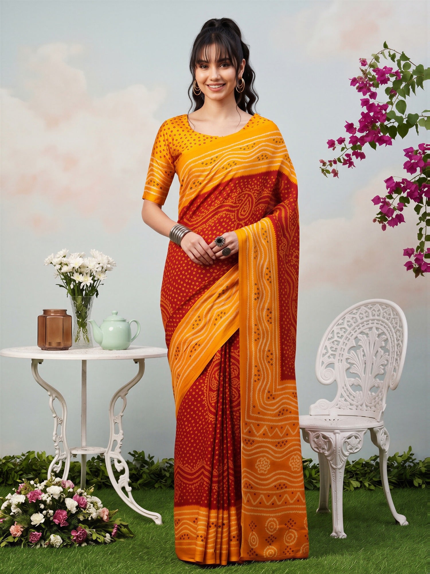 Woman wearing red satin silk saree with bandhani tie-dye dot work and orange blouse