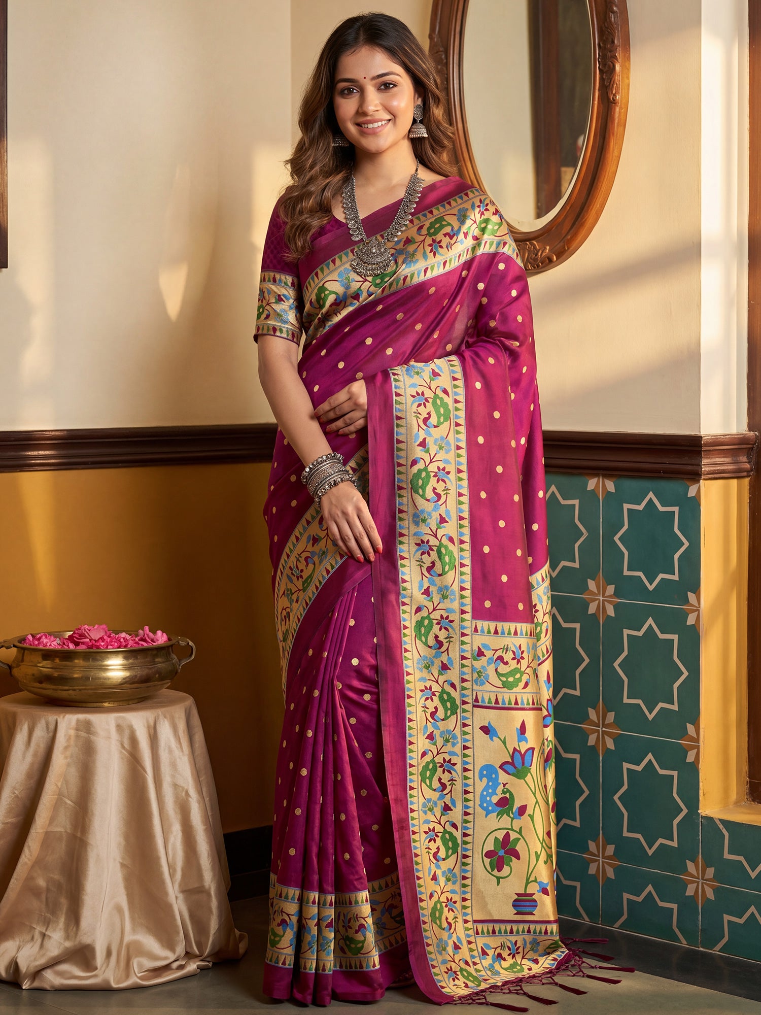 Woman wearing wine silk blend saree with zari butta (metallic motif) work and wine blouse
