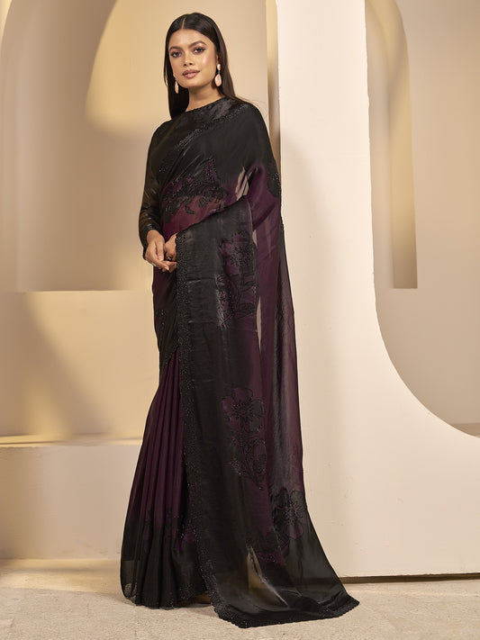 Wine satin silk saree view 1