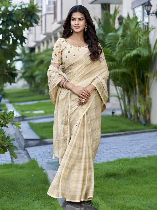 Beige jacquard saree view 1