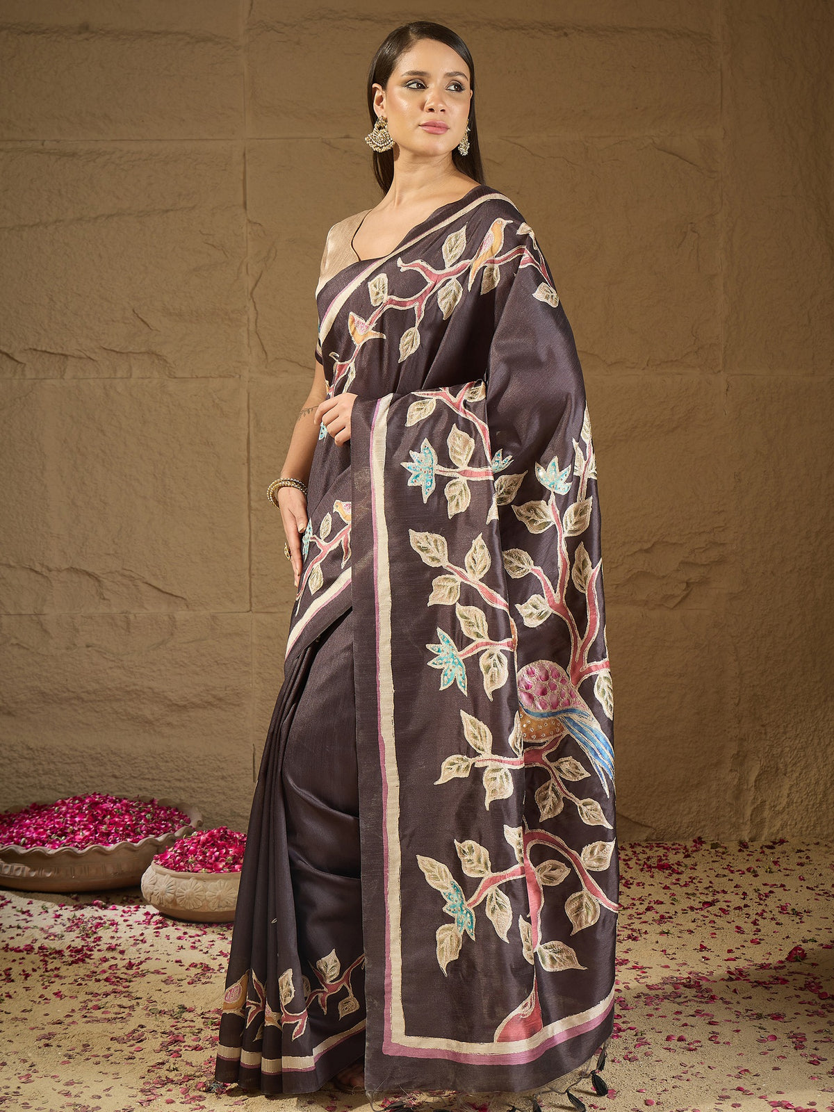 Charcoal Grey art silk saree view 3
