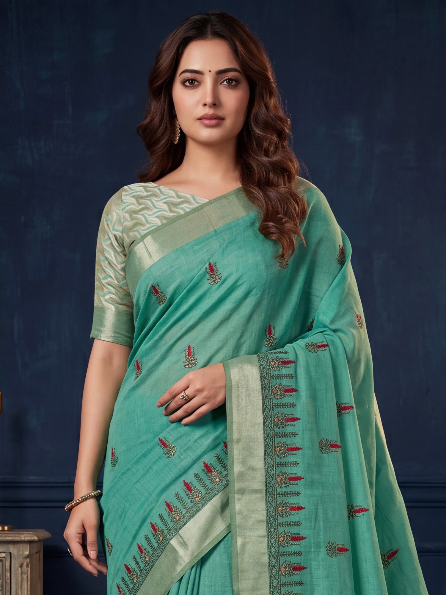 Sea Green Cotton Linen saree – detail view 4