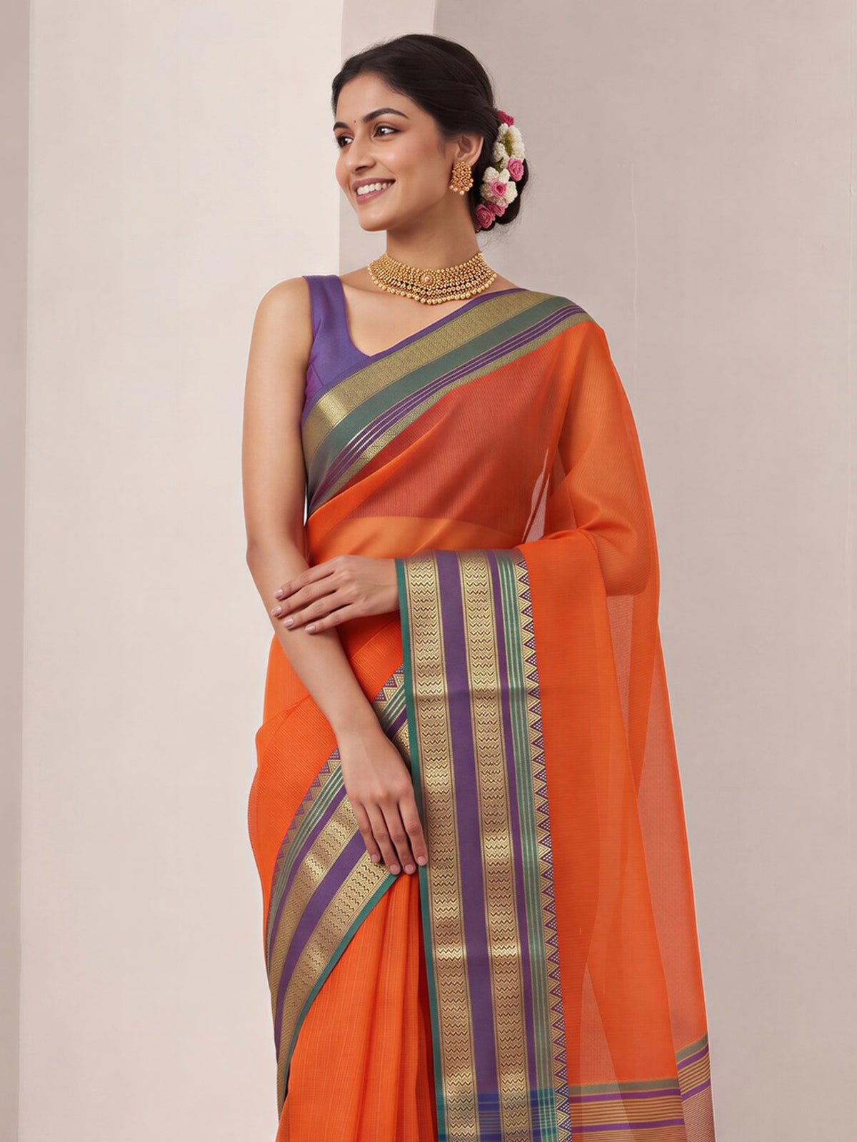 Orange kota doria cotton saree view 4