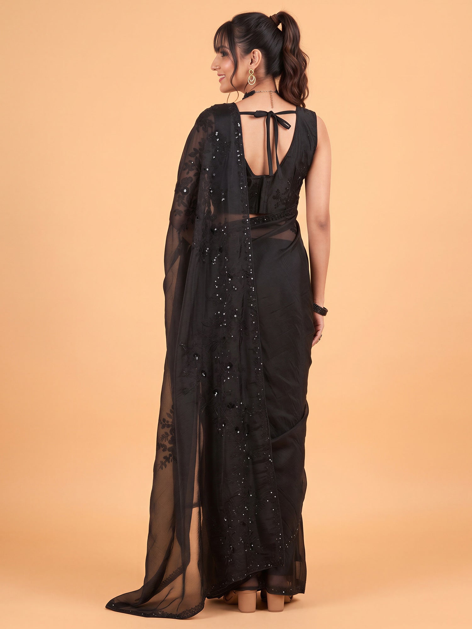 Black Satin Silk saree – detail view 1