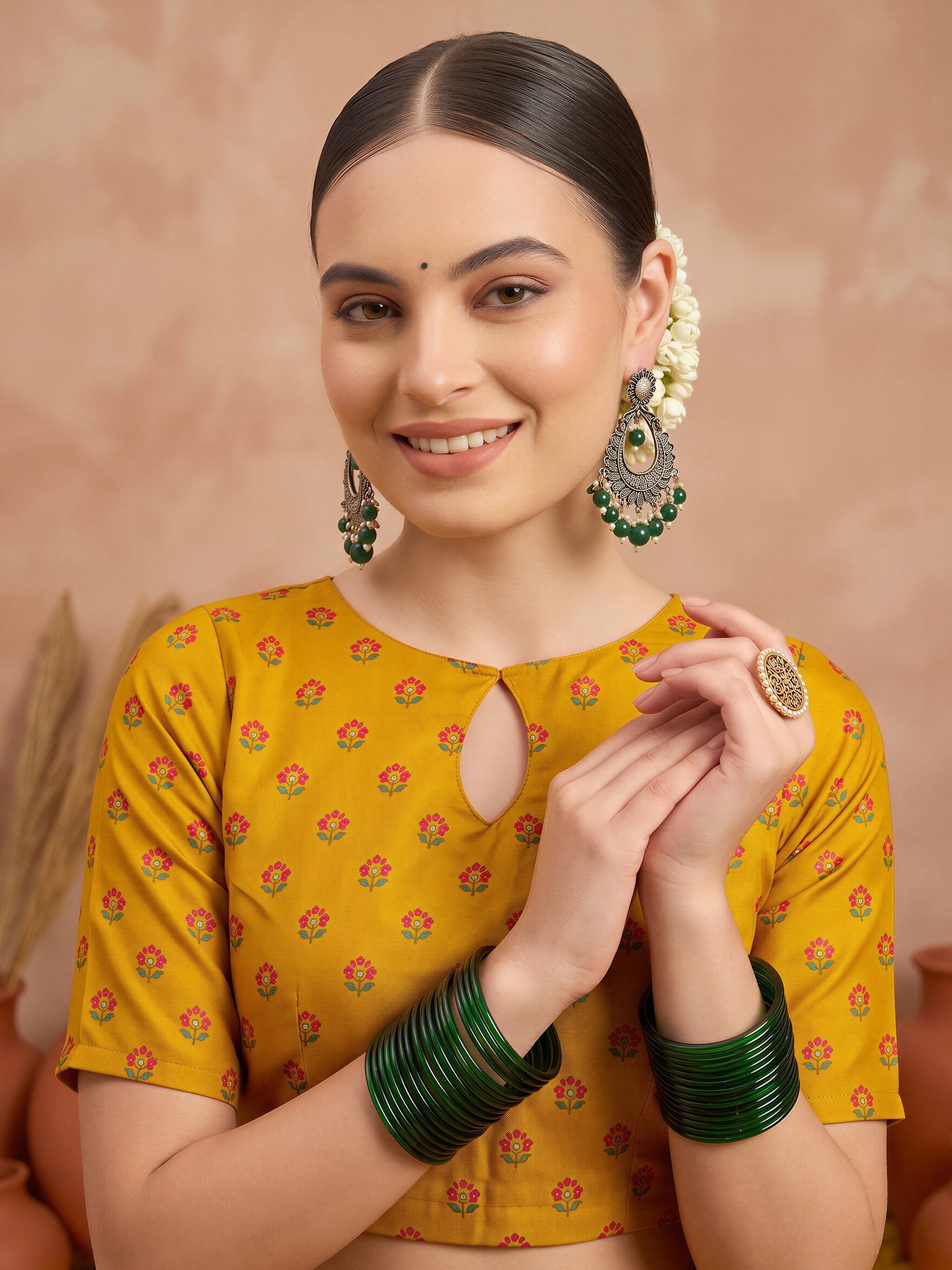 Unstitched mustard silk blend blouse piece with ethnic motif design