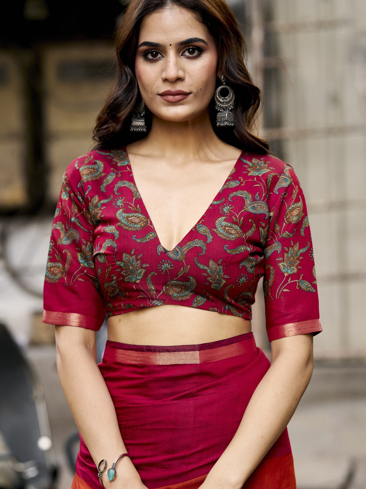 Red cotton blend saree view 1