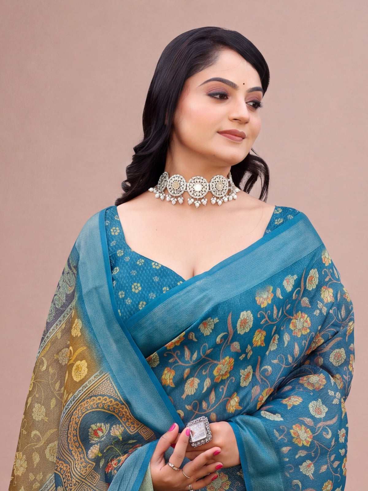 Teal Blue Cotton Silk saree – detail view 3