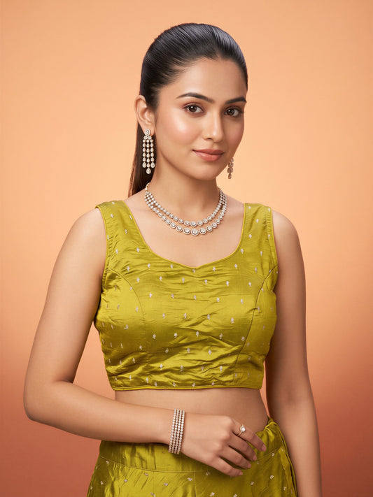 Lime Green sequin embellished silk blend sleeveless readymade saree blouse with round neck