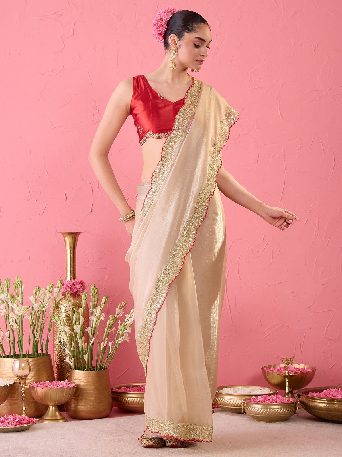 Beige Satin saree – detail view 1